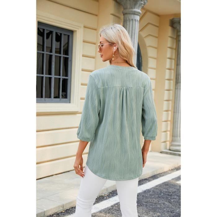 T-shirt da donna con scollo a V e bottoni, maniche a 3/4, vestibilità comoda e rilassata, tinta unita, ideale per l'estate - Verde