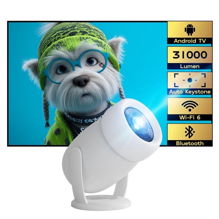 Mini Videoprojecteur 4K LaylaTang Android TV, 31000 Lumen, Auto Keystone, Rotatif à 180°, Retroprojecteur WiFi Bluetooth Home