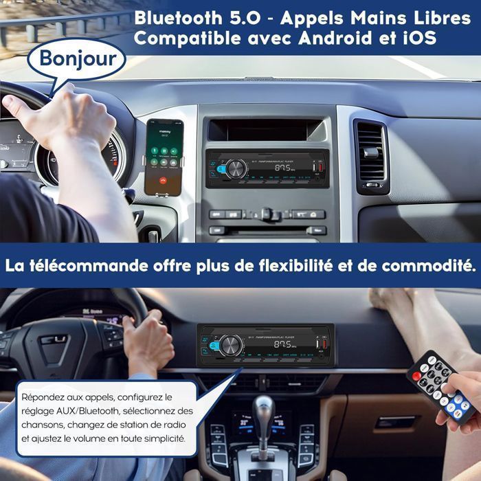 Radio para coche Bluetooth 1 DIN - 7 colores FM Bluetooth 5.0 - para coches de 12V Compatible con 2 USB/AUX/MP3/iOS/Android