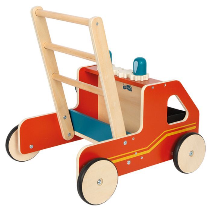 Houten looprek - Small Foot Company - Brandweerlieden - 12 maanden - Vilten mandje - Ingebouwde rem