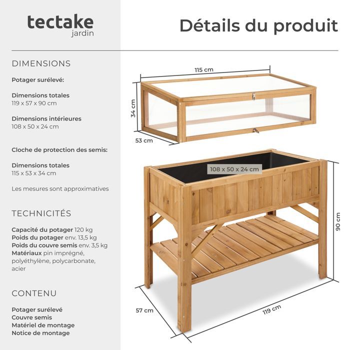 Raised garden bed - TECTAKE - Sturdy raised planter with removable wooden frame 119 x 57 x 90 cm - Brown