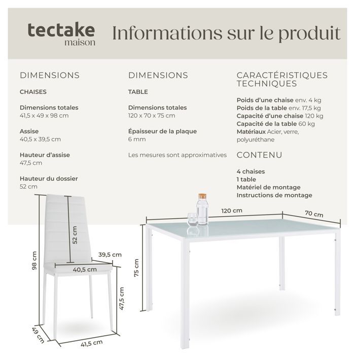 Mesa de comedor con sillas - TECTAKE - BERLIN. Conjunto de comedor con 4 sillas tapizadas en piel sintética - Blanco.