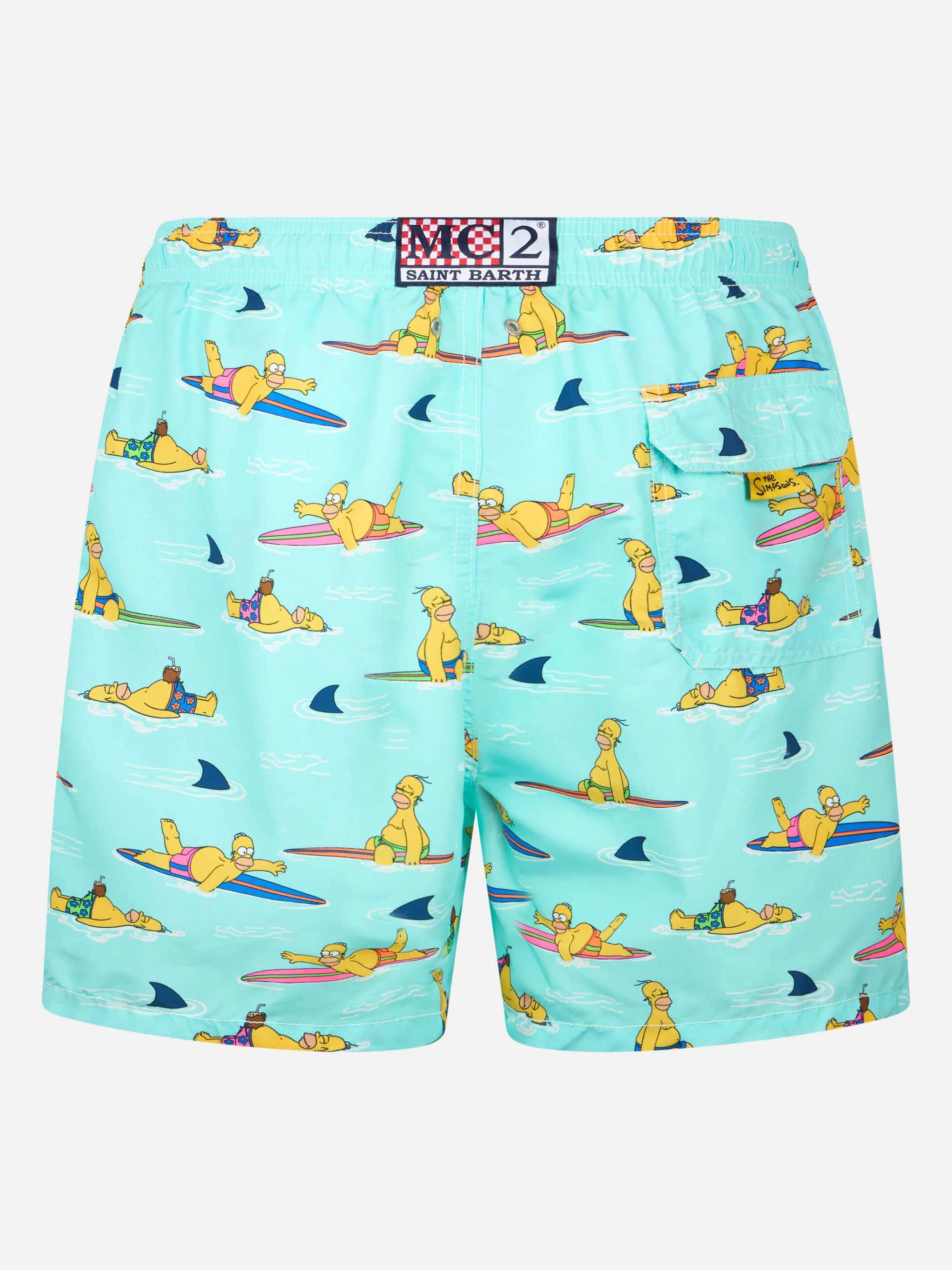 Man Gustavia Mid-Length Swim Shorts | Homer Simpson Special Surfer All Over Print | Water Green Backcloth | Elasticated Waistband | MC2 Saint Barth