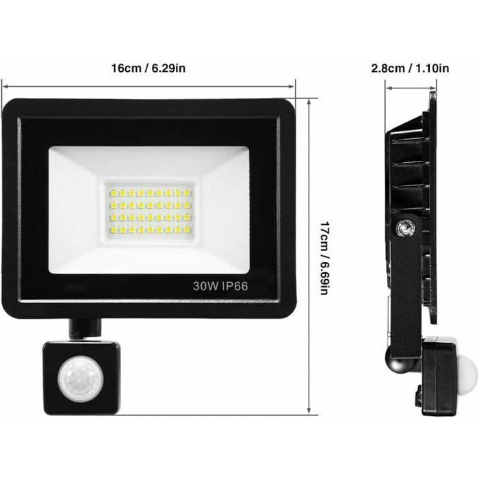Foco LED exterior de 30 W con sensor de movimiento, luminaria exterior impermeable IP66 con sensor de movimiento, luz blanca fría.