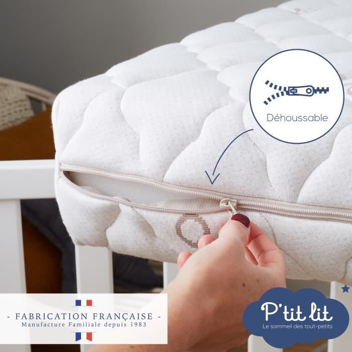 Babymatras van biologisch katoen - 60x120x10 cm - 100% katoen - Afneembare hoes - Geen chemische behandeling