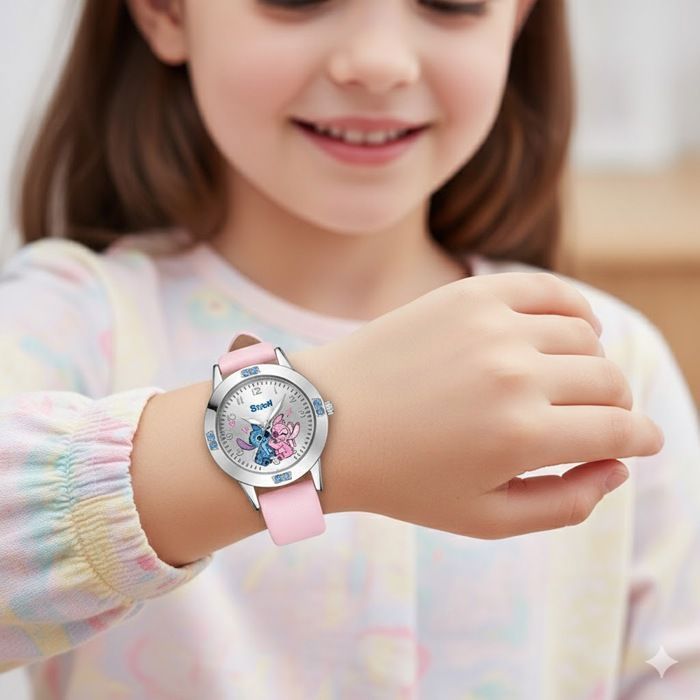 Reloj infantil Stitch & Angel – Reloj de cuarzo rosa para niñas | Correa de piel vegana | Diseño oficial de Disney