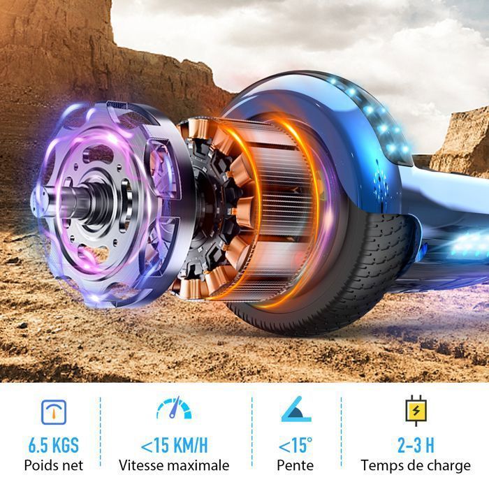 Hoverboard 6.5 Pouces avec Bluetooth et LED - RCB - Cadeau Parfait pour les Enfants Bleu Chromé