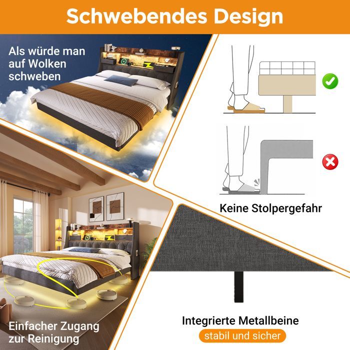 Cama doble de 180x200 cm con iluminación LED y puertos USB, estructura de cama para adultos con cabecero de lino, cama doble moderna, gris.