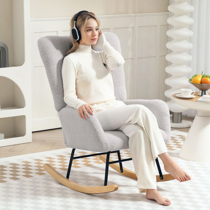 Fauteuil à bascule homcom, fauteuil à bascule avec accoudoirs, Teddy Velvet look, fauteuil relaxant avec glissière en bois,