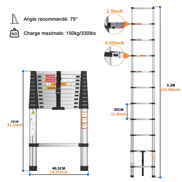3.2-meter Multifunctional Folding Telescopic Ladder in Stainless Steel, Straight Telescopic Ladder for Home Use