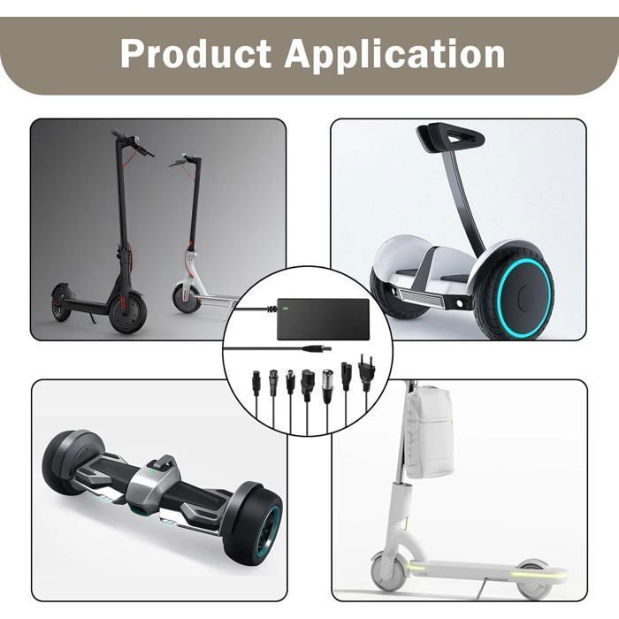 Chargeur pour trottinette électrique et hoverboard 42V 2A, 6 connecteurs inclus (DC5.5x2.1/DC5.5x2.5/8mm 3 broches/12mm 3 broches),