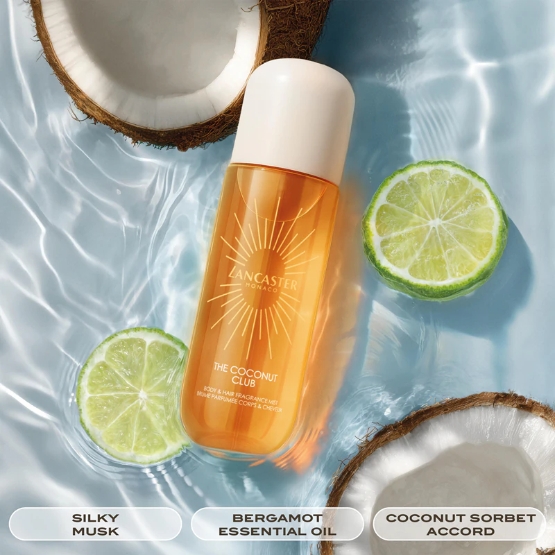 Lancaster Eau de Lancaster Hair & Body Mist, spray perfumado para rosto, corpo e cabelo, fragrâncias Coconut Club.