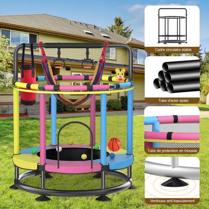 Kindertrampoline - Ø150 cm - Verhoogd veiligheidsnet - Gegalvaniseerd stalen frame - Inclusief accessoires