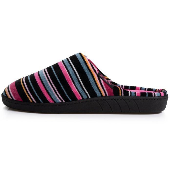 Pantuflas ergonómicas Isotoner para mujer con suela cómoda y diseño de terciopelo a rayas.