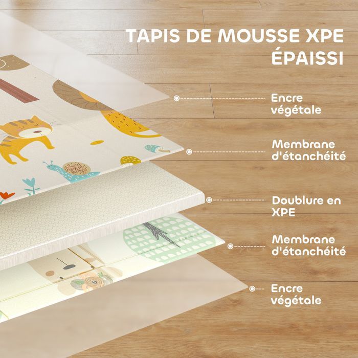 Tapis d'éveil bébé - AIYAPLAY - pliable épais réversible en mousse - antidérapant - motif animalier - 196 x 176 x 1,5 cm multicolore