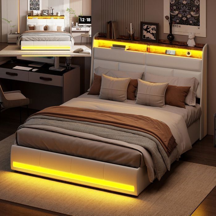 Lit 160x200 cm - LED - tissu en PU - cadre de lit adulte - lit adulte 160x200 cm - 160x200 cm - Blanc