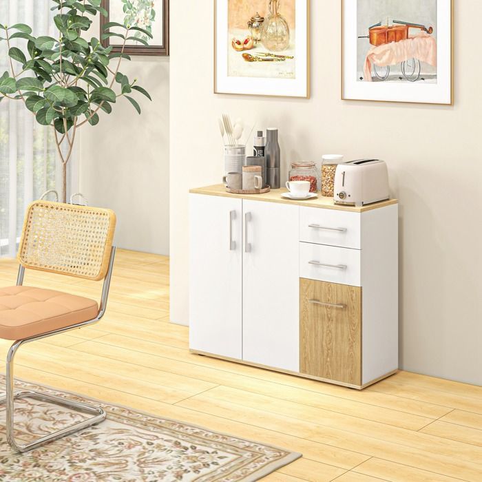 Buffet - HOMCOM - 3 portes, 2 tiroirs et étagère réglable - panneau de particules - 90 x 30 x 75,5 cm - blanc et bois naturel