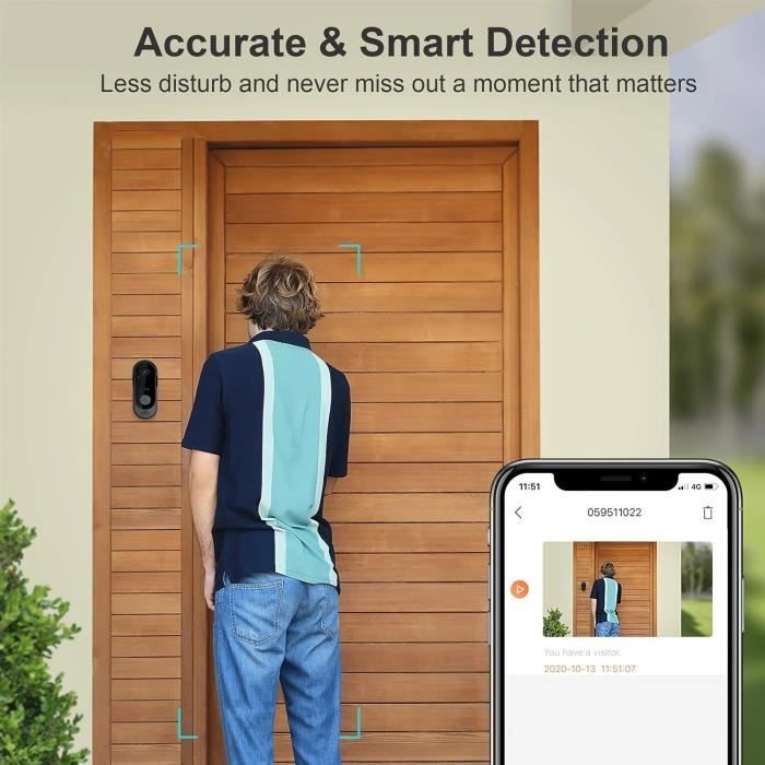 Videocitofono wireless PRUMYA – Telecamera HD, Wi-Fi, visione notturna a infrarossi, impermeabile, ricaricabile tramite USB