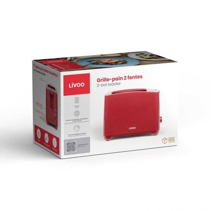 Tostadora de 2 rebanadas - LIVOO - DOD162RC - 750 W - Termostato ajustable: 7 niveles - Roja