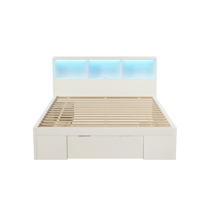 Lit adulte 140x190 cm - Lit double - Avec tête de lit avec LED, USB et Type C - Avec tiroir et chevets - Blanc - Sans matelas