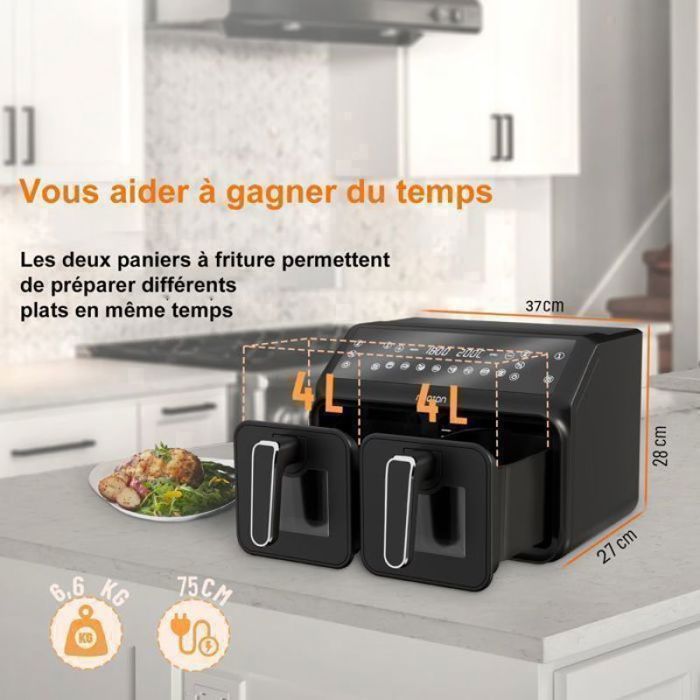 Friggitrice ad aria a doppia zona da 8 litri e 2200 W, 10 programmi, luce interna, senza olio, capacità per famiglie. Friggitrice elettrica O.Ye da 8 litri.