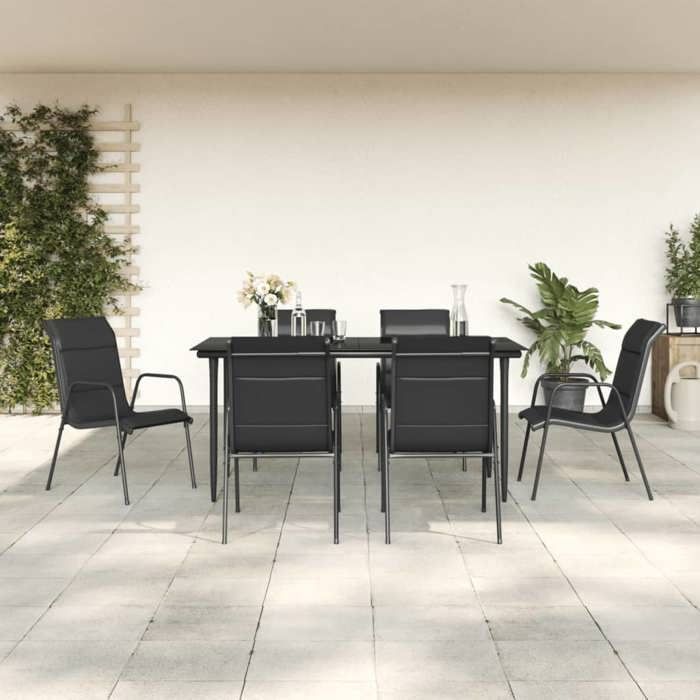 Tuineetset - BURKE - 7-delig - Zwart - Poedergecoat staal - Textilene - Tafel 160x80x74 cm