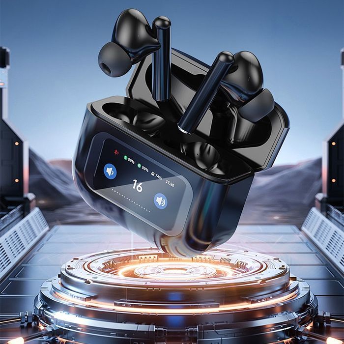Auriculares inalámbricos DAM KW-07 TWS, Bluetooth 5.4, con cancelación activa de ruido (ANC). Estuche de carga con pantalla LED. 6,1 x 2,6 x 5,1 cm. Blanco.