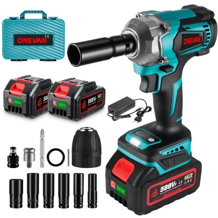 ONEVAN 1/2-Zoll-Akku-Schlagschrauber 700 Nm – 2 x 3-Ah-Akkus – 12 x Zubehörteile – Kunststoffkoffer – Blau