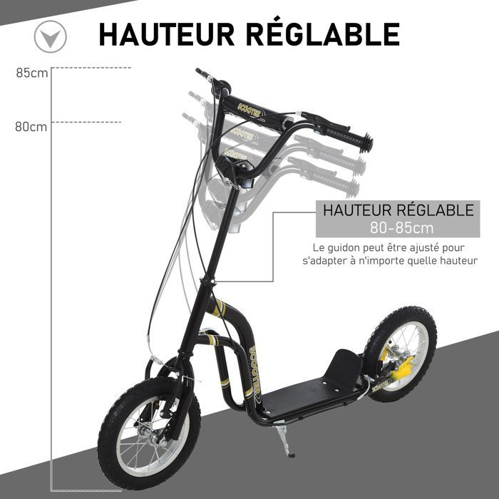 Patinete infantil - HOMCOM - Neumáticos de goma de 12 pulgadas, capacidad de carga de 100 kg, todoterreno, frenos dobles ajustables - negro