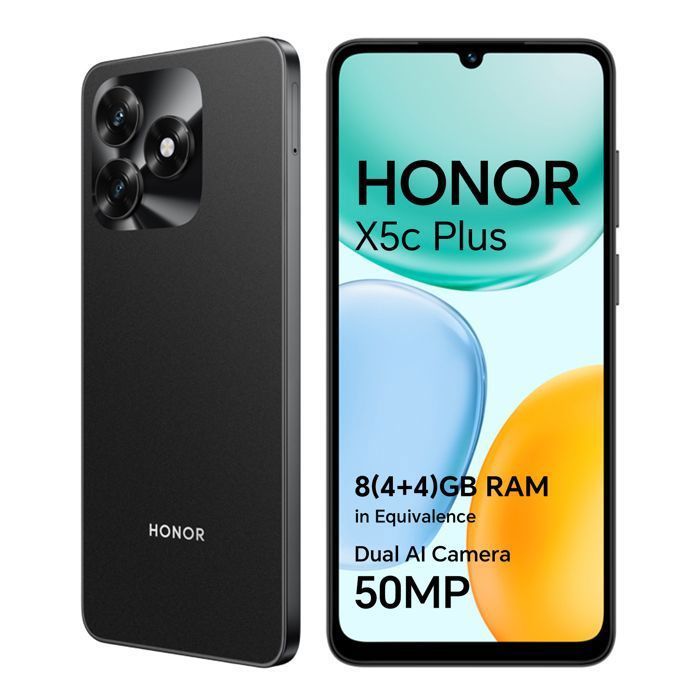 Smartphone 4G - HONOR X5c Plus - 4 GB de RAM - 256 GB - Negro - Cámara ultra nítida de 50 MP - Batería de 5260 mAh - Versión UE