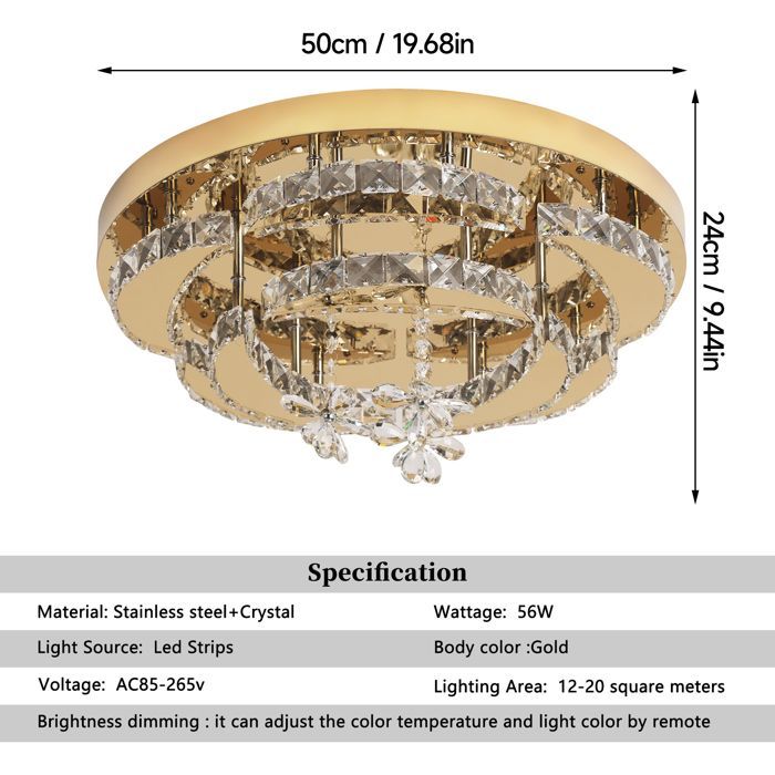 Lustre de Salle à Manger Moderne en Cristal K9 Doré - Plafonnier LED à Lumière Dimmable