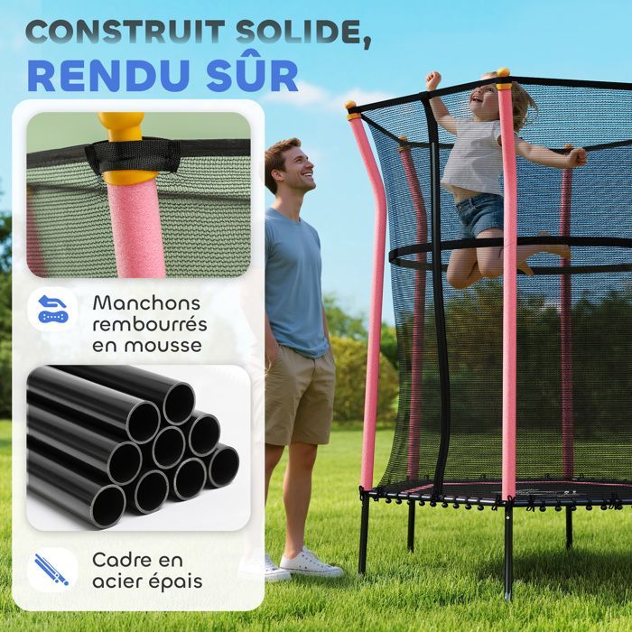 Children's trampoline - HOMCOM - Ø 1.63 x 1.9 m, safety net, zipped door, 6 poles - steel - pink/black