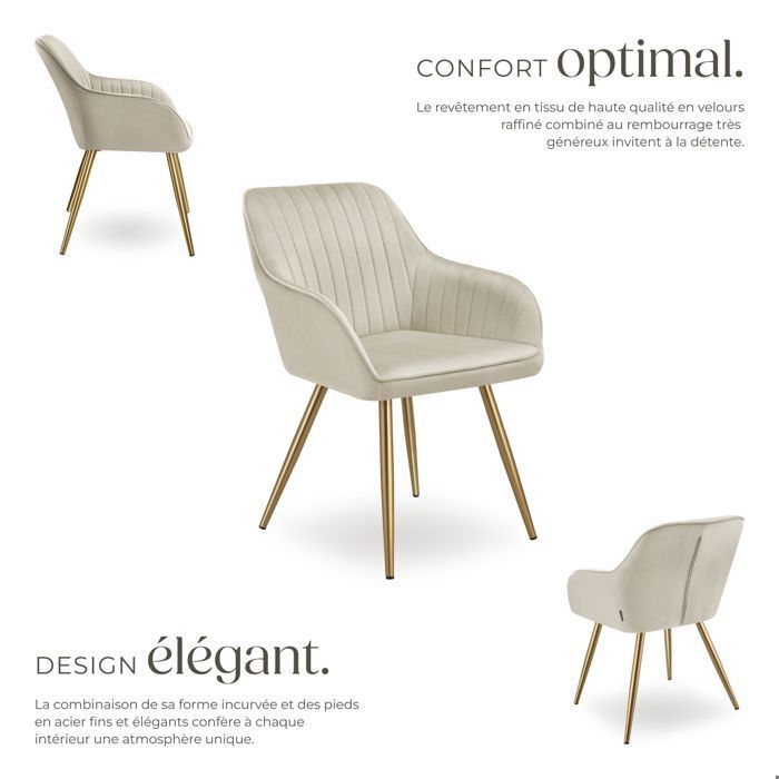 Chaise - TECTAKE - Fauteuil de salle à manger MARYLIN aspect velours et matelassé avec pieds en acier doré - Crème/Or