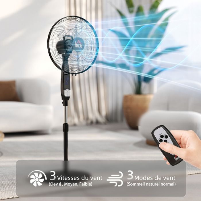 Ventilador de pedestal potente - HOMCOM - altura regulable - mando a distancia, 3 velocidades, oscilación y temporizador - negro