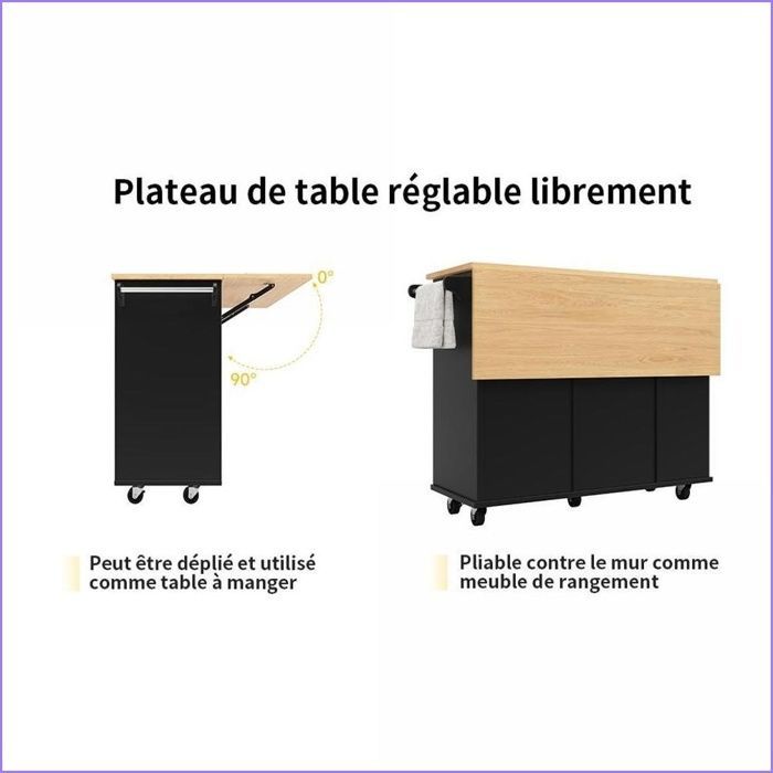 Ilha de Cozinha e Carrinho Multifuncional - Armazenamento para Taças de Vinho, Aperitivos, Divisórias Ajustáveis - Preto