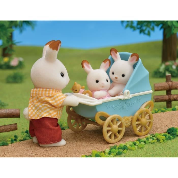 Miniature figurines - SYLVANIAN FAMILIES - Chocolate Rabbit twins and their double stroller