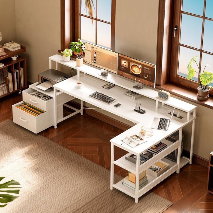 Scrivania angolare a L Coleshome con vano portaoggetti, 189,3x100 cm, reversibile, con porta USB/presa di corrente, colore bianco.