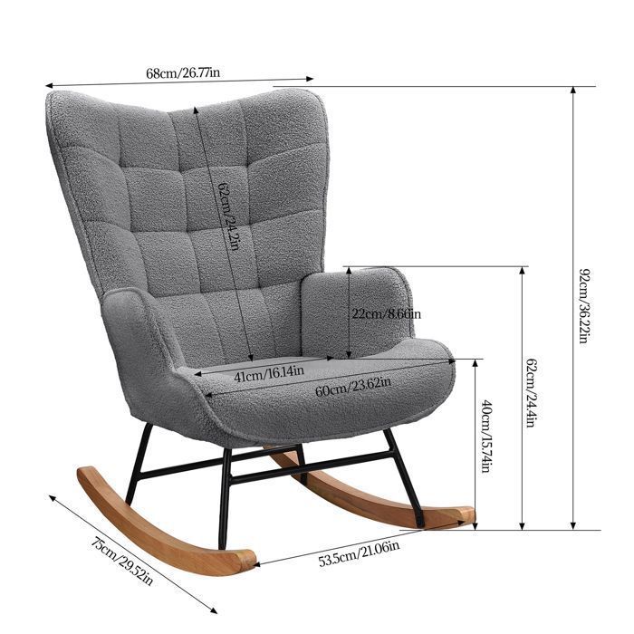 Fauteuil à Bascule, Fauteuil de Relaxation Velours Teddy, Rocking Chair pour Salon, Bois Massif et Cadre en Métal,Gris Foncé