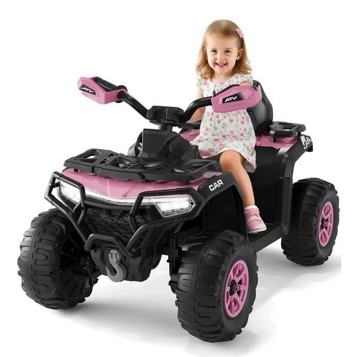 Voiture 4x4 Quad Buggy électrique Enfant, 12 V 6 Km/h Max, Suspension, Phare LED, Bluetooth, Musique, Rose