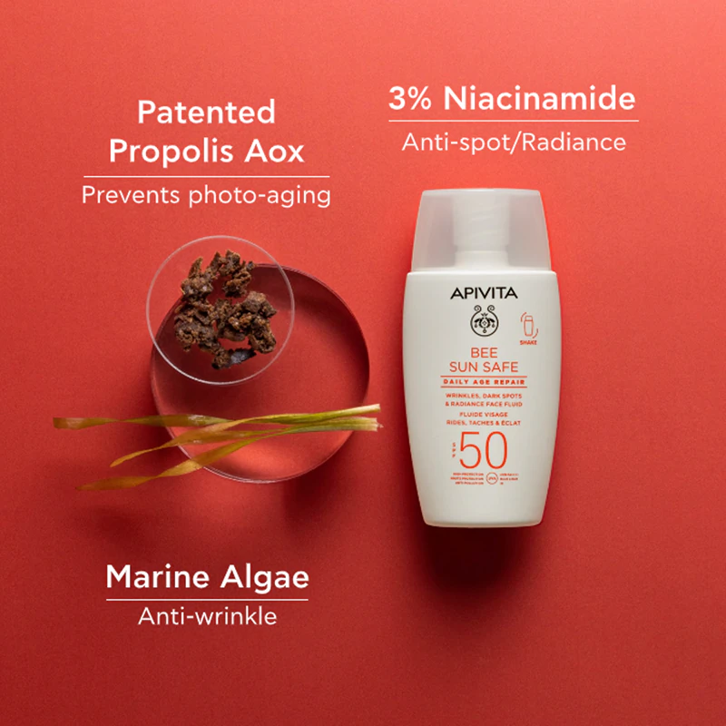 Fluido protetor solar diário Apivita Bee Sun Safe Age Repair FPS 50, antirrugas.