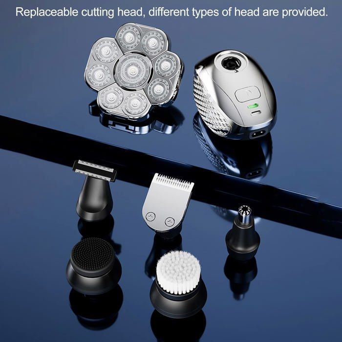Rasoio per testa calva da uomo Cuneary 6 in 1, impermeabile IPX7, ricaricabile tramite USB, utilizzabile a secco e sotto la doccia, rifinitore per capelli, barba e naso.