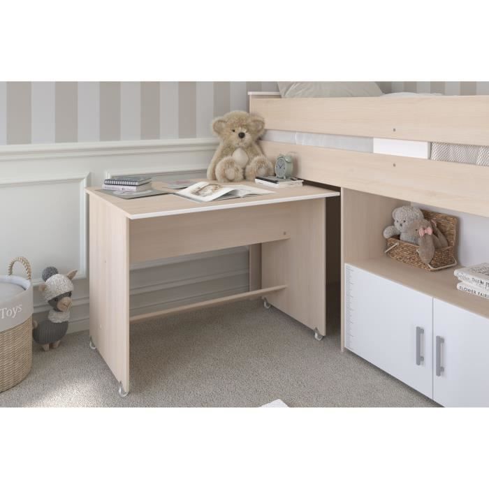 Cama infantil combinada Parisot ZOLA de 90x200 cm - 2 puertas - Con escritorio - Acabado en madera de acacia clara y blanco