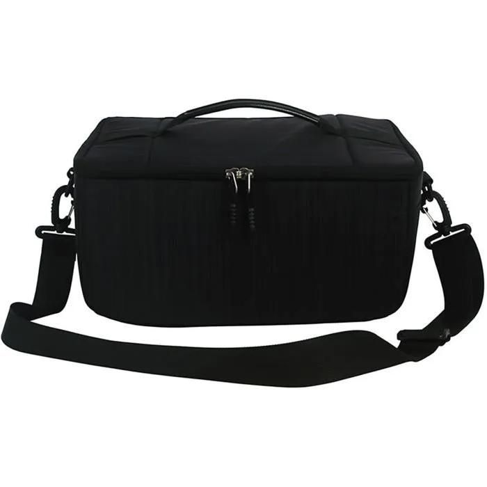 Grote, waterdichte en schokbestendige zwarte DSLR-cameratas (33x23x16 cm) met vak voor lenzen en accessoires.