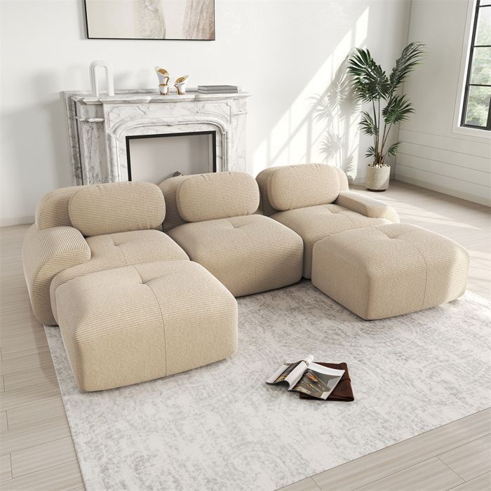 DRIPEX Canapé 3 places en forme de en U modulable - en Velours côtelé - avec 3 oreillers et 2 pouf - 298x178x75cm - Beige