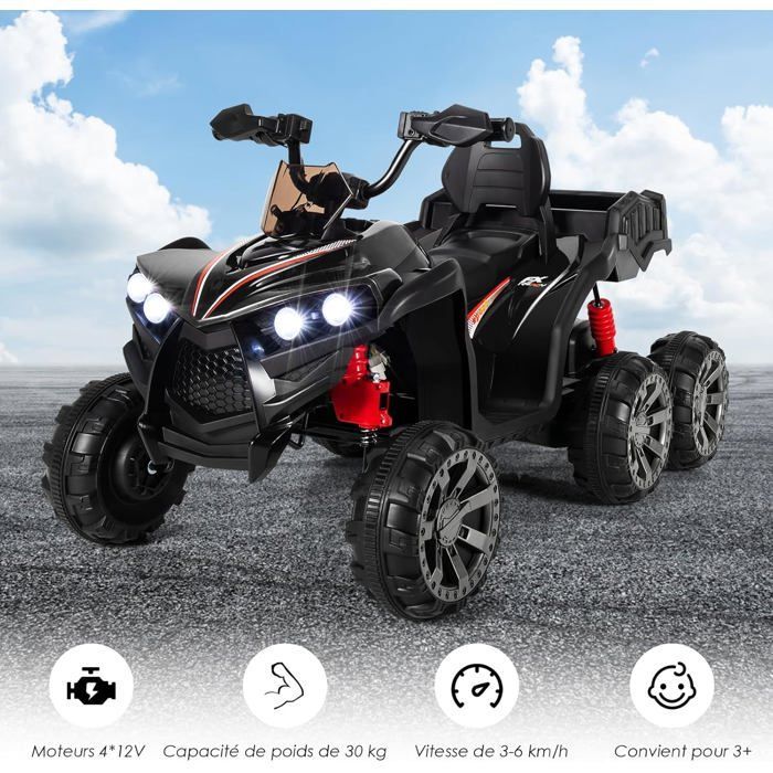 Quad eléctrico COSTWAY de 12 V para niños, con 6 ruedas, 4 motores, caja de almacenamiento trasera, luces LED, música, función de cuentos, puerto USB, para mayores de 3 años, color negro.