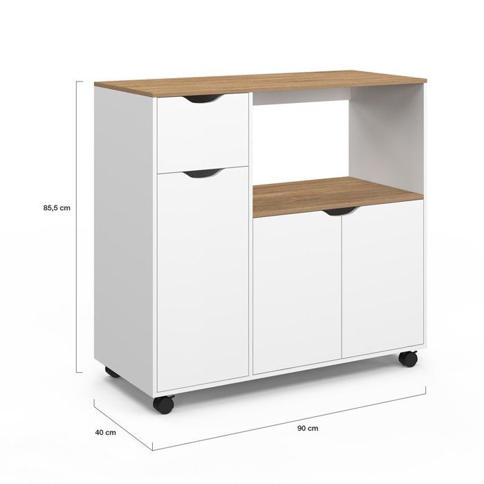 IDMARKET COSI XXL Kitchen Microwave Cart with Cupboards, White Wood Drawer and Beech-Effect Shelves, 90 cm Wide