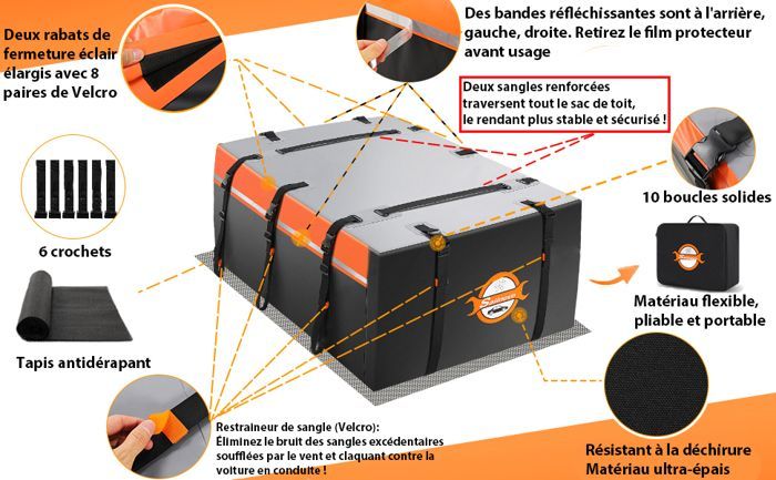 Coffre de Toit de véhicule Sac de Toit Voiture pour Voyage Résistant aux Intempéries 555L 1000D PVC, 10 Sangles Renforcées