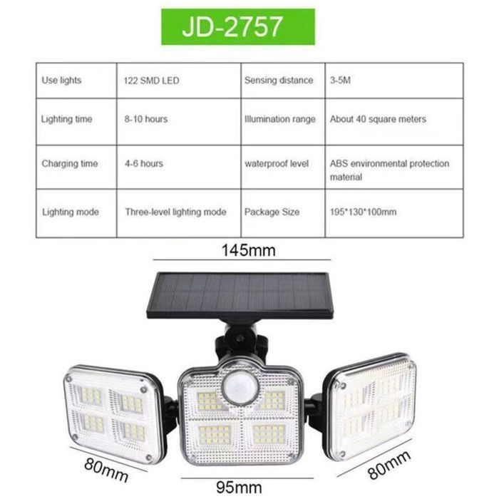 Buitenverlichting op zonne-energie - PZCC - 122 LED's - Bewegingssensor - IP65 waterdicht - 3 verstelbare koppen - Stralingshoek van 120°