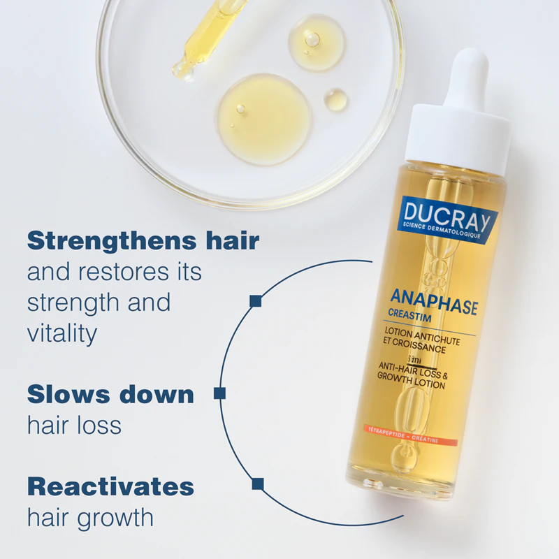Ducray Creastim cuida de cabelos enfraquecidos, reduzindo a queda de cabelo.