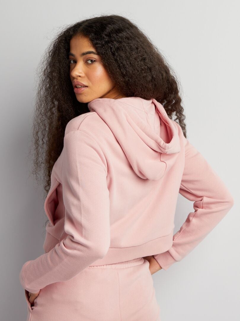 Moletom com capuz e zíper de cor sólida - ROSA